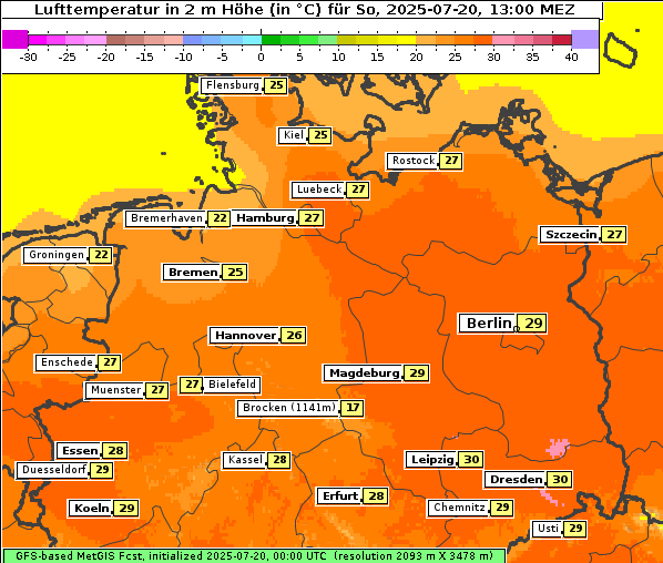 Temperatur, 20. 7. 2025