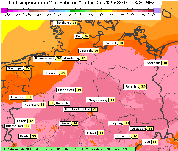 Temperatur, 14. 8. 2025