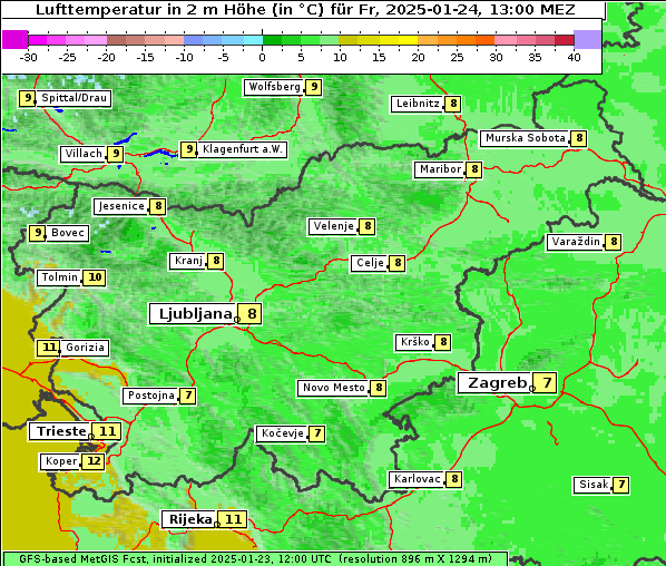 Temperatur, 24. 1. 2025