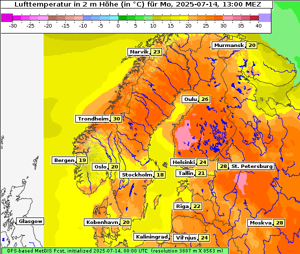 Temperatur, 14. 7. 2025