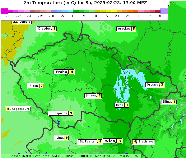 Temperatur, 23. 2. 2025