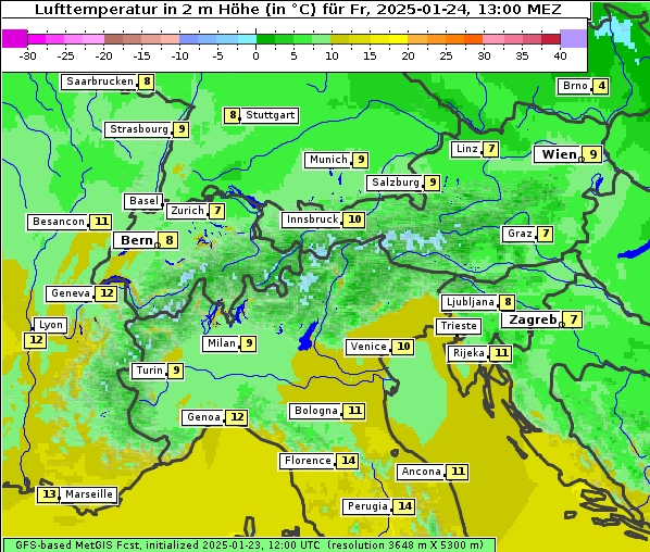 Temperatur, 24. 1. 2025