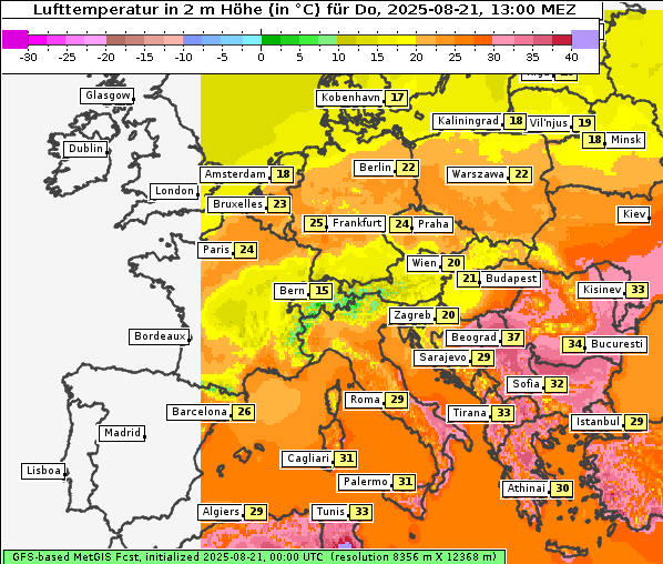 Temperatur, 21. 8. 2025