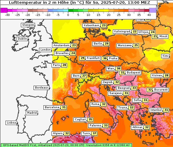 Temperatur, 20. 7. 2025