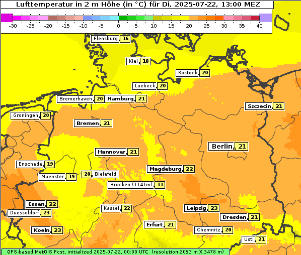 Temperatur, 22. 7. 2025