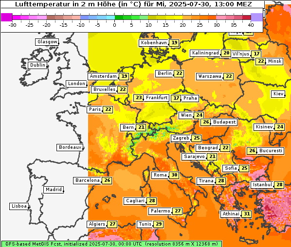 Temperatur, 30. 7. 2025