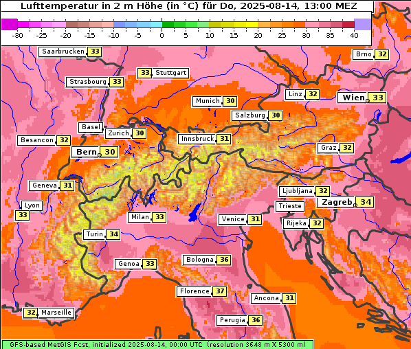 Temperatur, 14. 8. 2025