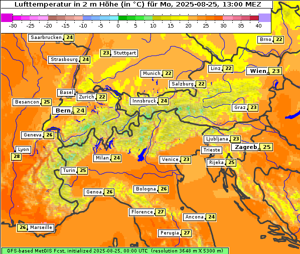 Temperatur, 25. 8. 2025