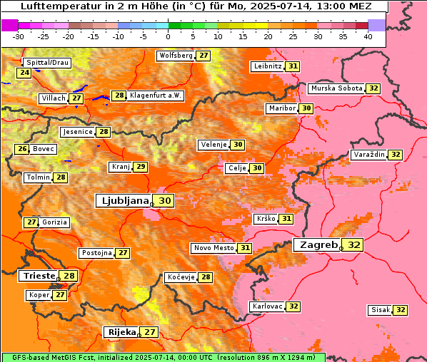 Temperatur, 14. 7. 2025