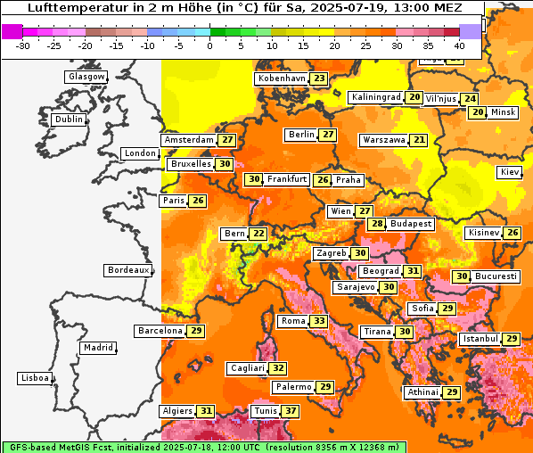 Temperatur, 19. 7. 2025