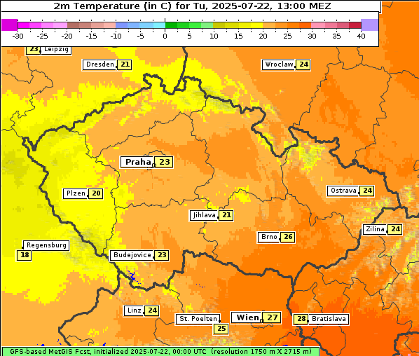 Temperatur, 22. 7. 2025