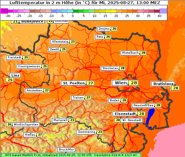 Temperatur, 27. 8. 2025