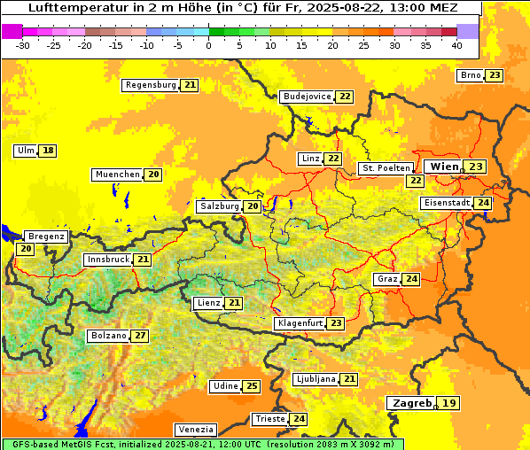 Temperatur, 22. 8. 2025