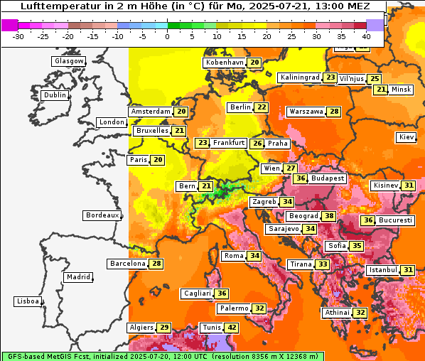 Temperatur, 21. 7. 2025
