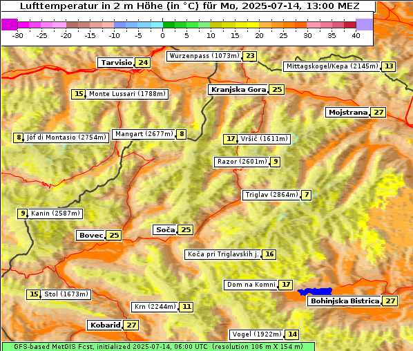 Temperatur, 14. 7. 2025