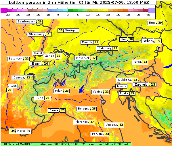 Temperatur, 9. 7. 2025