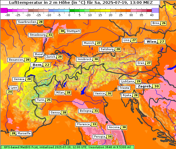 Temperatur, 19. 7. 2025
