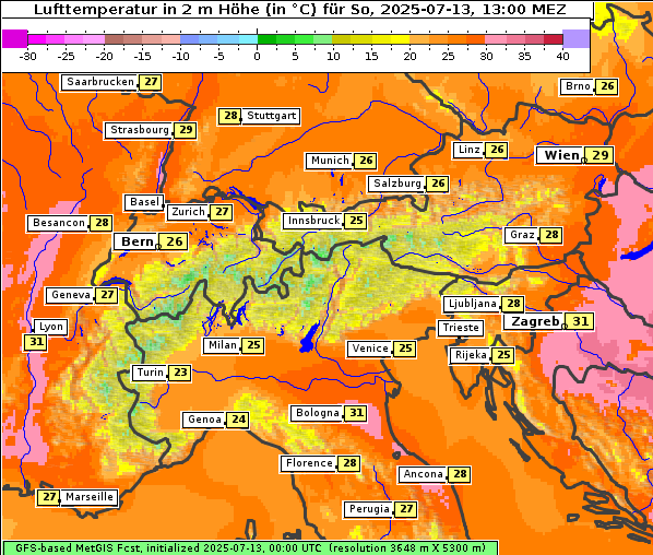 Temperatur, 13. 7. 2025