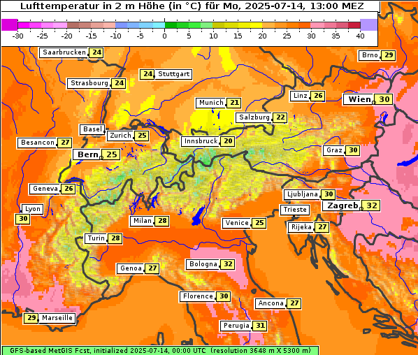 Temperatur, 14. 7. 2025