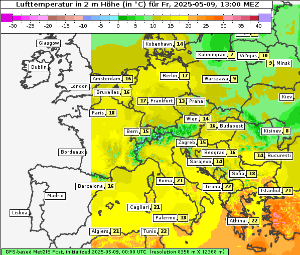 Temperatur, 9. 5. 2025