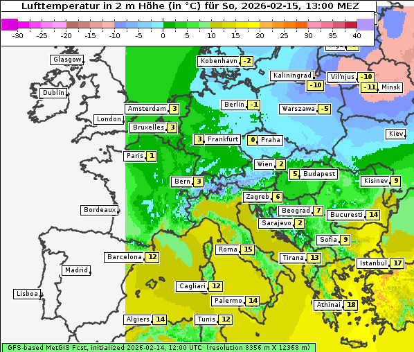 Temperatur, 15. 2. 2026