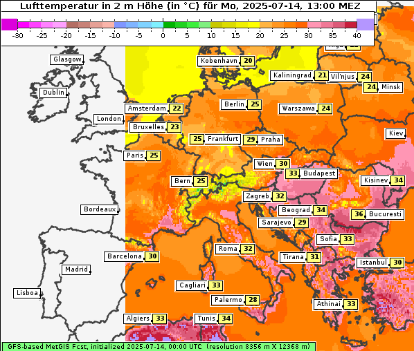 Temperatur, 14. 7. 2025