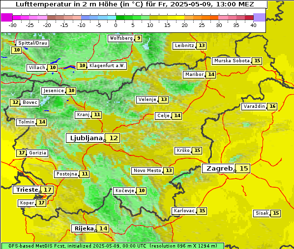 Temperatur, 9. 5. 2025