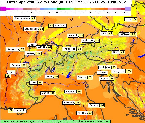 Temperatur, 25. 8. 2025