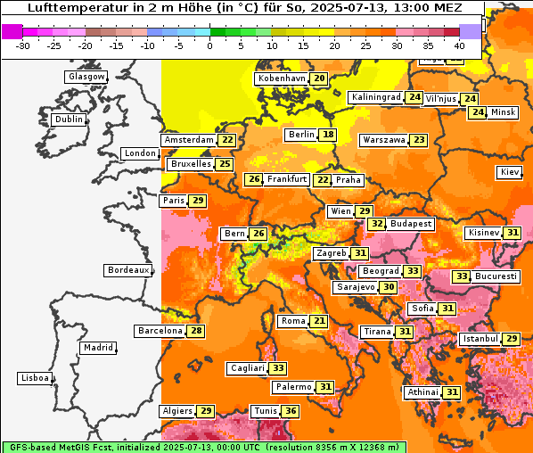 Temperatur, 13. 7. 2025