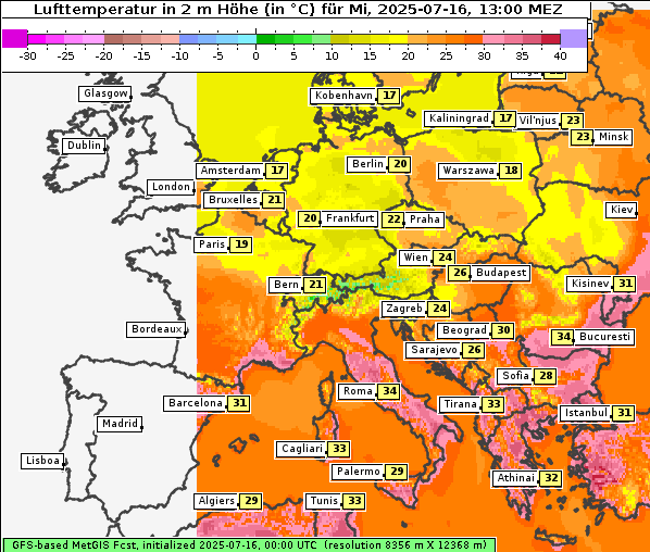 Temperatur, 16. 7. 2025