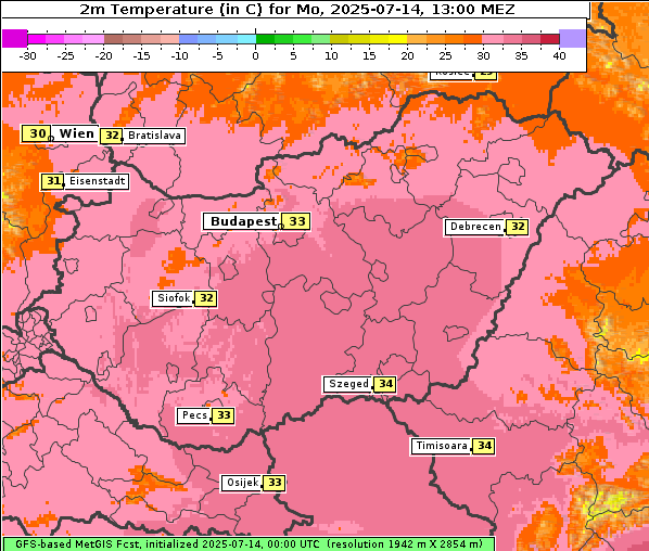 Temperatur, 14. 7. 2025