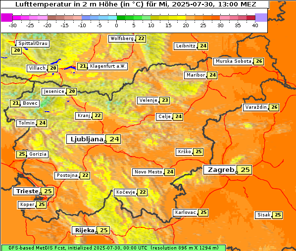 Temperatur, 30. 7. 2025