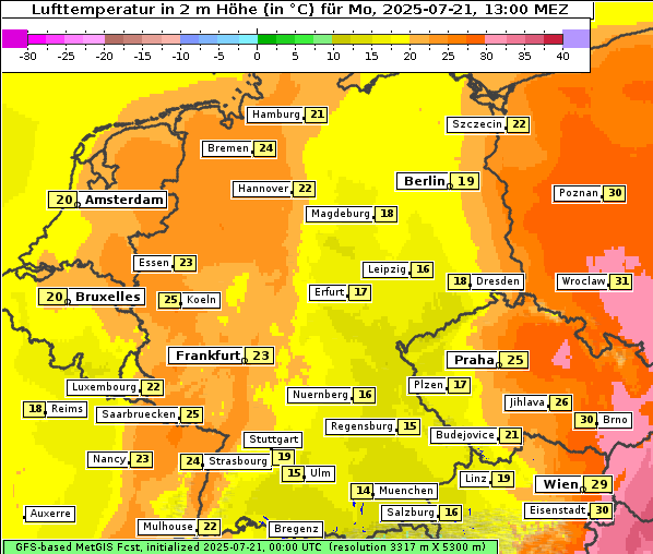Temperatur, 21. 7. 2025