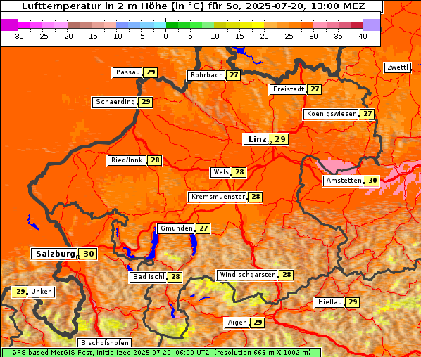 Temperatur, 20. 7. 2025