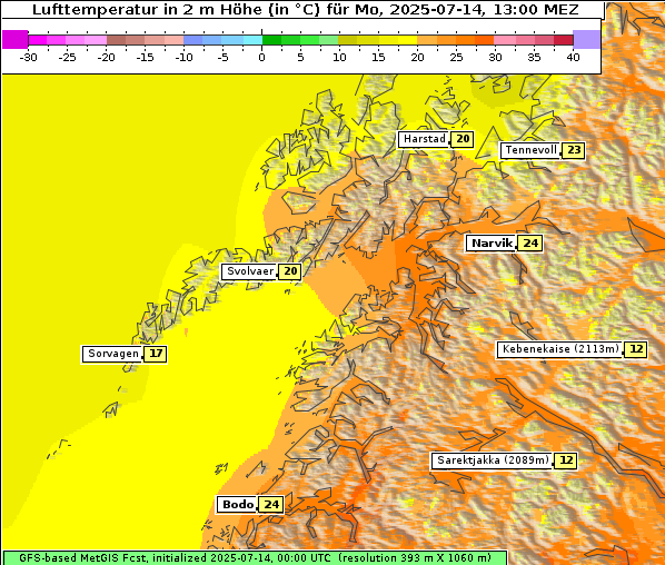 Temperatur, 14. 7. 2025