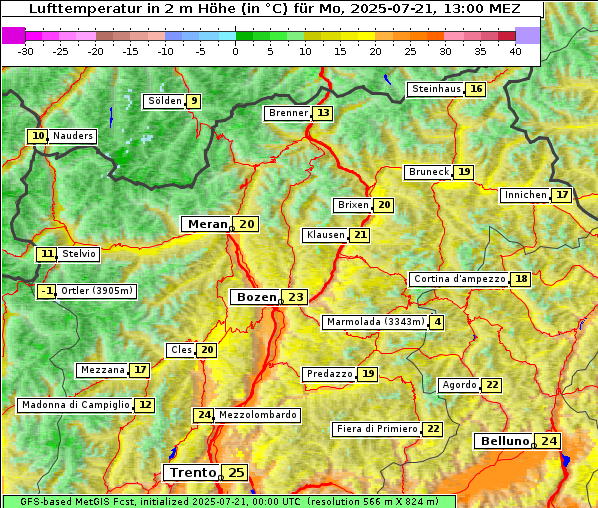 Temperatur, 21. 7. 2025