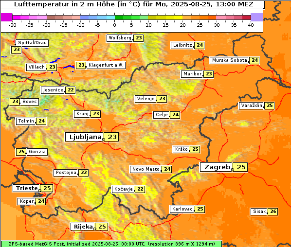 Temperatur, 25. 8. 2025