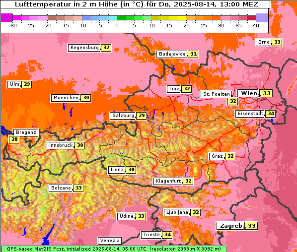 Temperatur, 14. 8. 2025