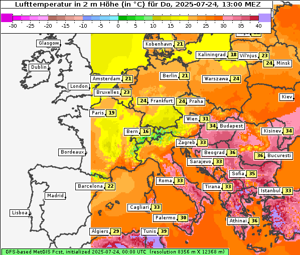 Temperatur, 24. 7. 2025