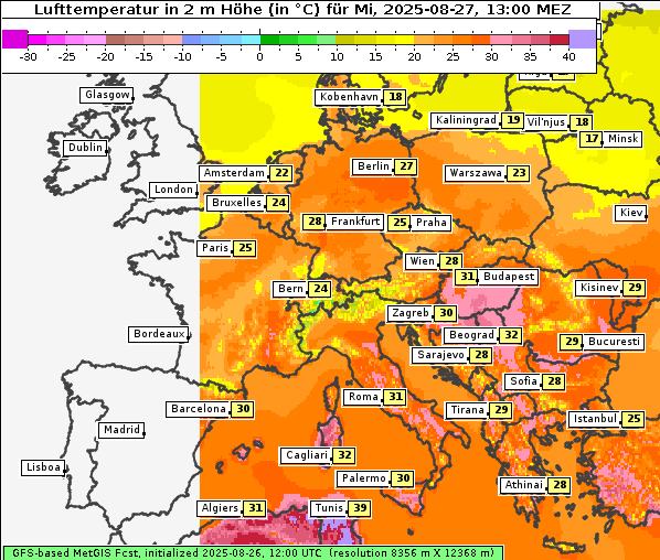 Temperatur, 27. 8. 2025