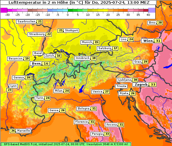 Temperatur, 24. 7. 2025