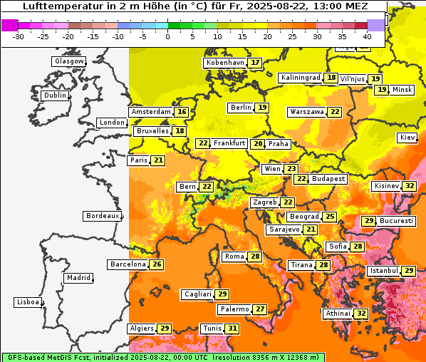 Temperatur, 22. 8. 2025