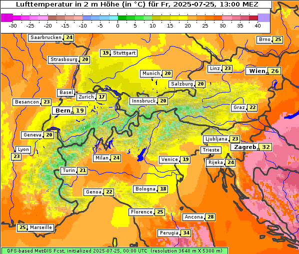 Temperatur, 25. 7. 2025