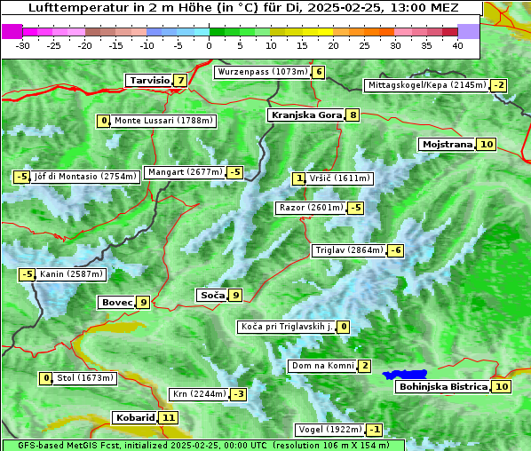 Temperatur, 25. 2. 2025