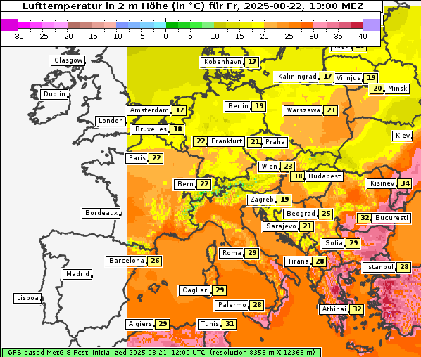 Temperatur, 22. 8. 2025