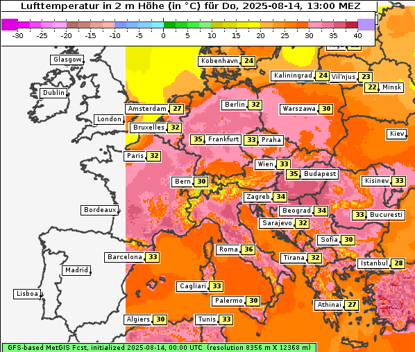Temperatur, 14. 8. 2025