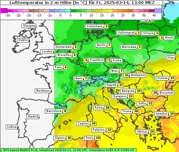 Temperatur, 14. 3. 2025