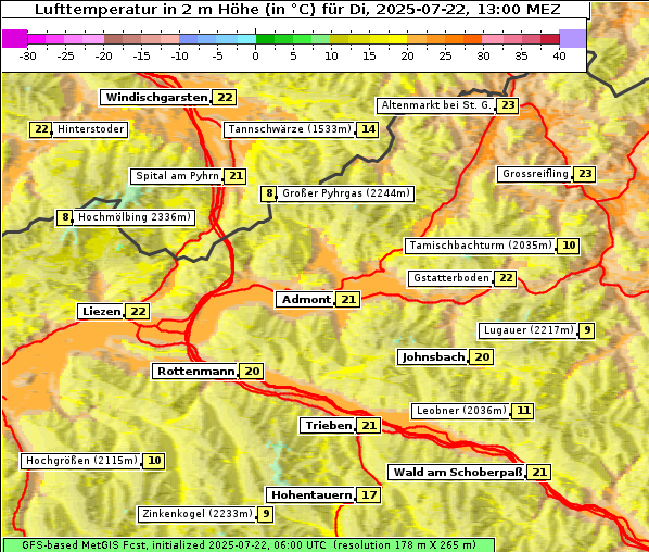 Temperatur, 22. 7. 2025