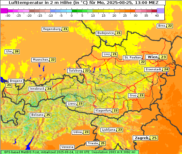 Temperatur, 25. 8. 2025