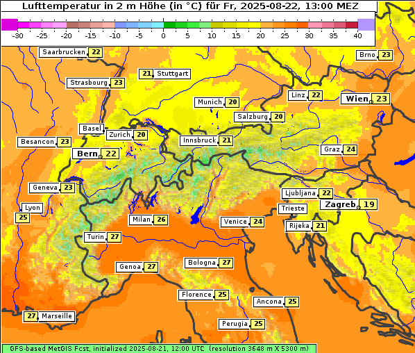 Temperatur, 22. 8. 2025